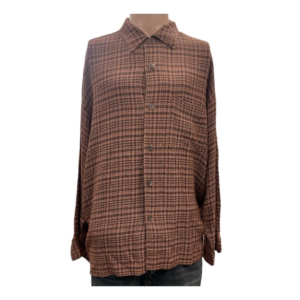 Jay Y Ko Mens Vintage Brown Checked Long Sleeve Shirt Size L SKU 1516